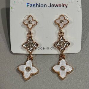 White and Gold Tone Quatrefoil Dangle Earrings 2 inch